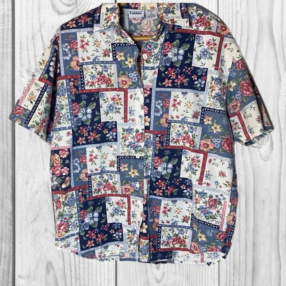 Vintage Floral Print Button Down 90s Short Sleeve Cotton Top Patchwork garden
